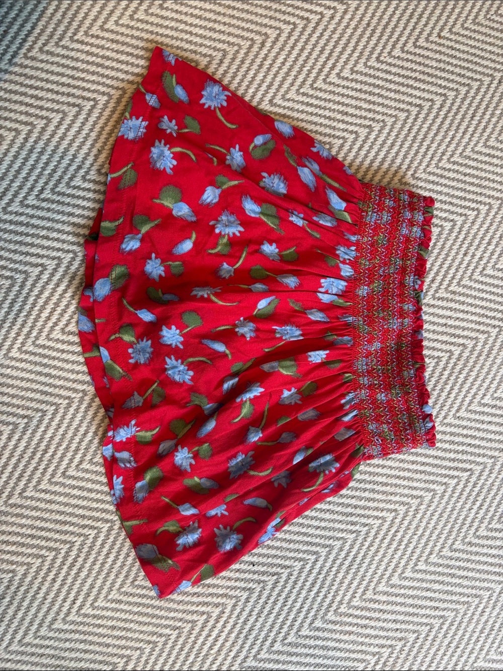 J. Crew Red Floral Smocked Waist Skirt with Blue Flowers